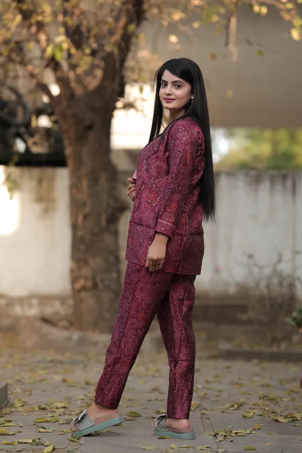Maroon_Long_Printed_Modal_Silk_3/4_Sleeve_Round_Neck_Co-Ords_For_Women