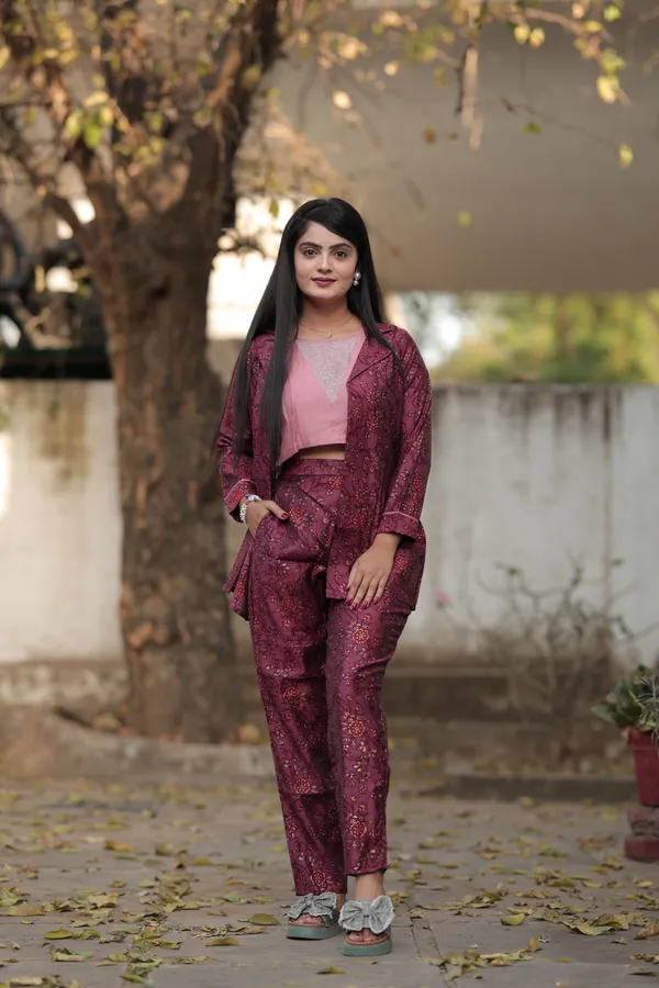 Maroon_Long_Printed_Modal_Silk_3/4_Sleeve_Round_Neck_Co-Ords_For_Women