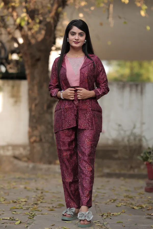 Maroon_Long_Printed_Modal_Silk_3/4_Sleeve_Round_Neck_Co-Ords_For_Women