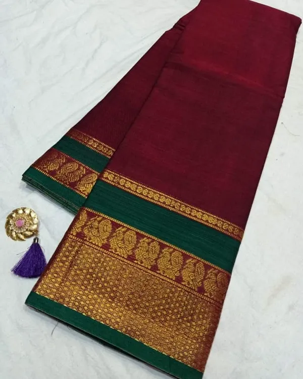 Maroon_Peacock_Border_Narayanpet_Cotton_saree_with_Running_blouse_piece