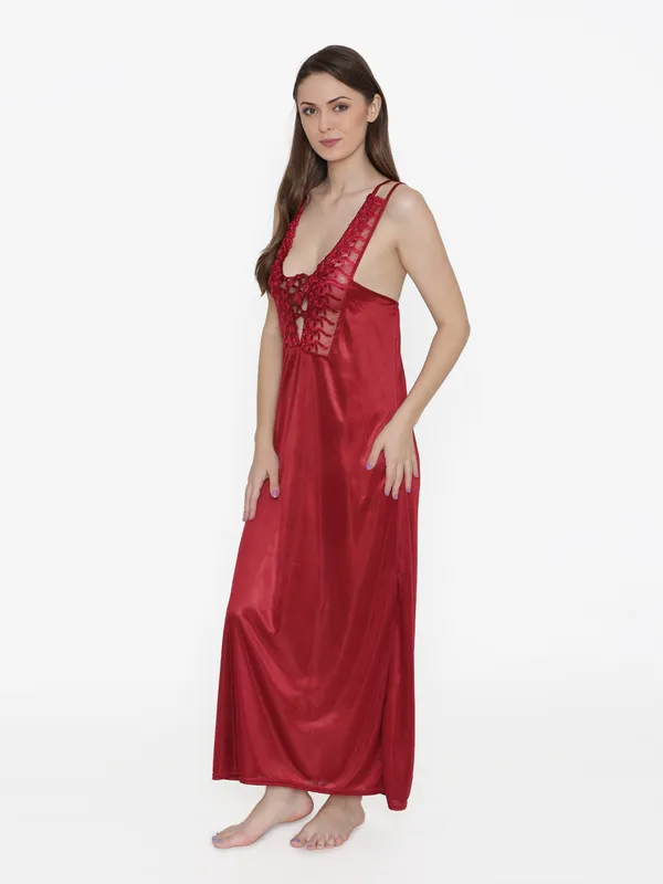 Maroon_Satin_Lace_Nighty_Robe_Set_For_Women