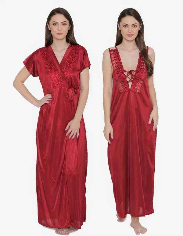Maroon_Satin_Lace_Nighty_Robe_Set_For_Women