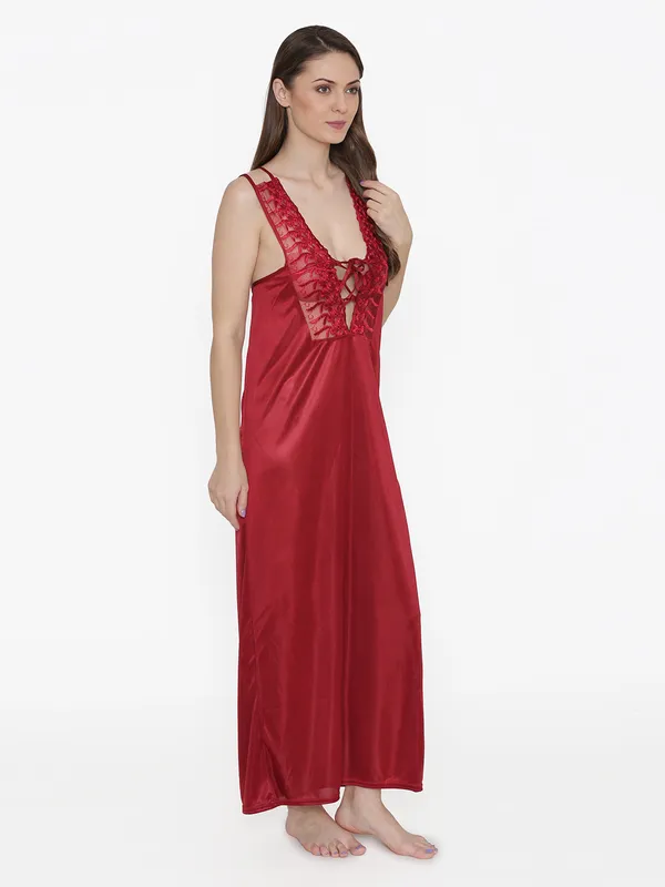 Maroon_Satin_Lace_Nighty_Robe_Set_For_Women
