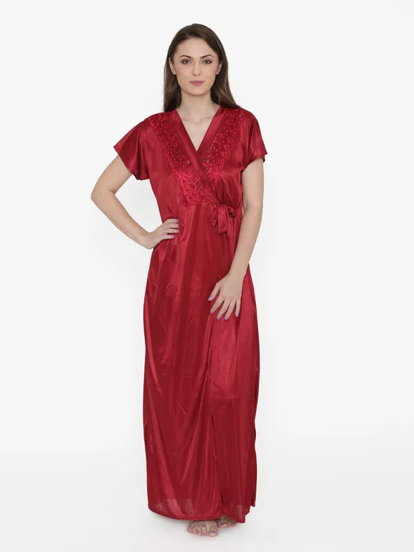 Maroon_Satin_Lace_Nighty_Robe_Set_For_Women