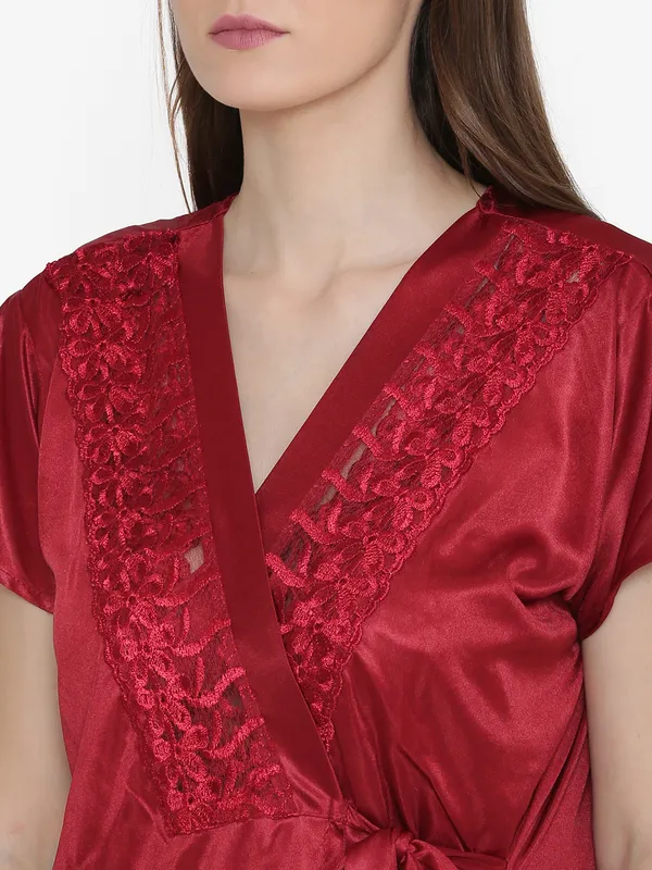 Maroon_Satin_Lace_Nighty_Robe_Set_For_Women