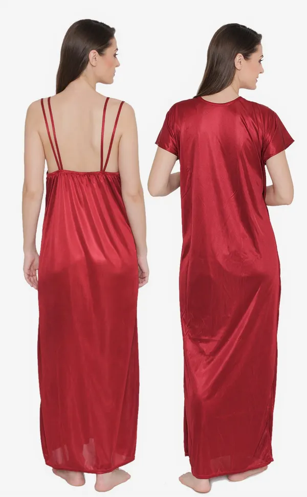 Maroon_Satin_Lace_Nighty_Robe_Set_For_Women