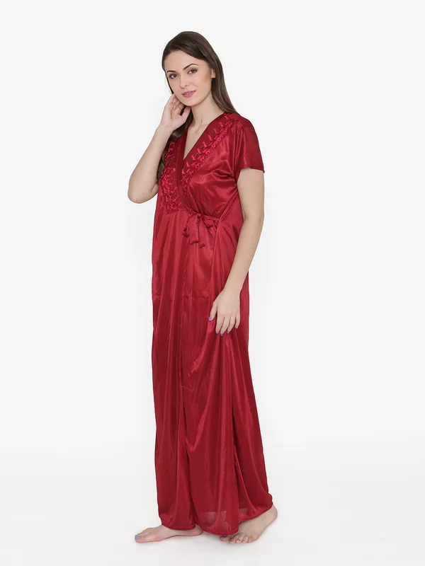 Maroon_Satin_Lace_Nighty_Robe_Set_For_Women
