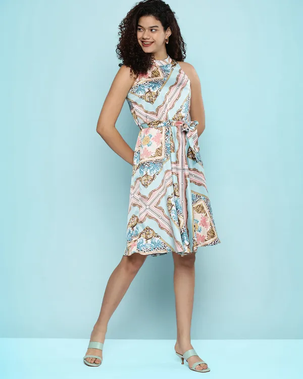 Blue_Pink_Printed_Satin_Finish_A-Line_Dress_With_Belt