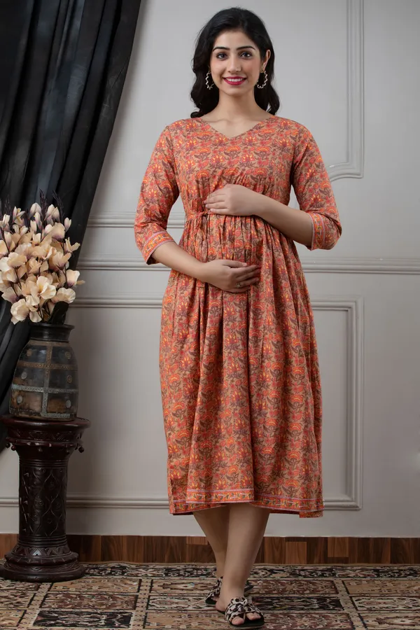 Maternity_Cotton_Orange_Printed_Dress