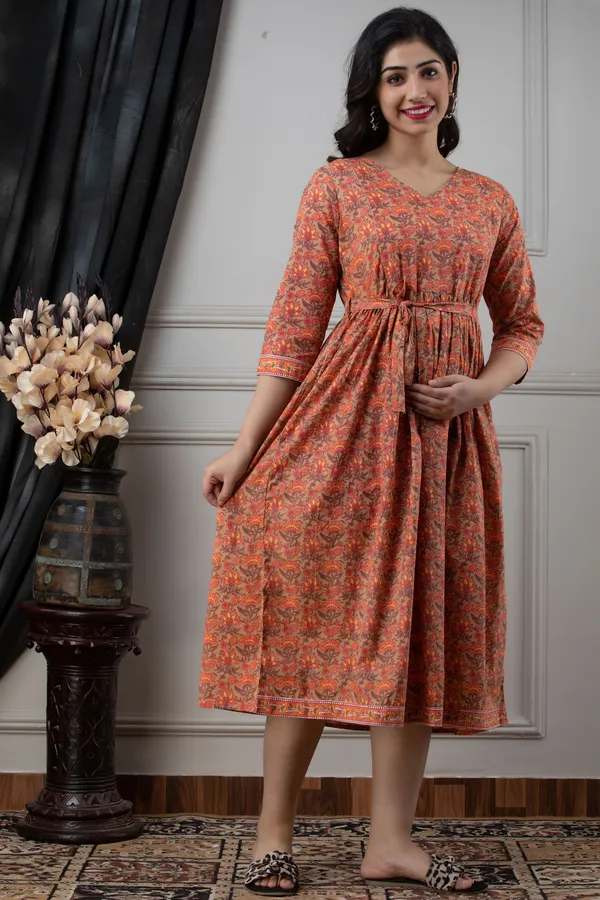 Maternity_Cotton_Orange_Printed_Dress