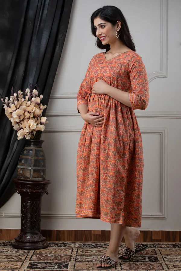 Maternity_Cotton_Orange_Printed_Dress