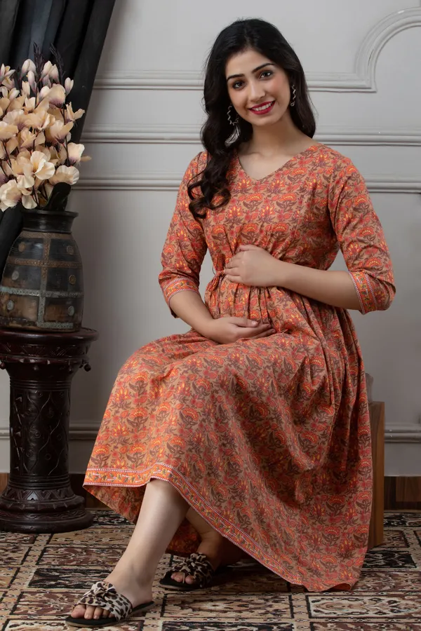 Maternity_Cotton_Orange_Printed_Dress