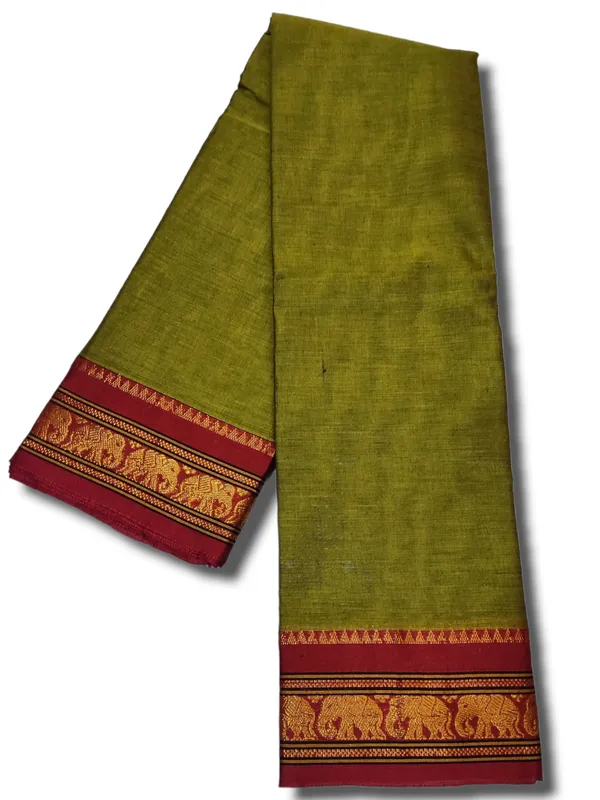 Mehandi_Elephant_Jari_Border_Narayanpet_Pure_Cotton_saree_with_Running_blouse_(Mehandi)