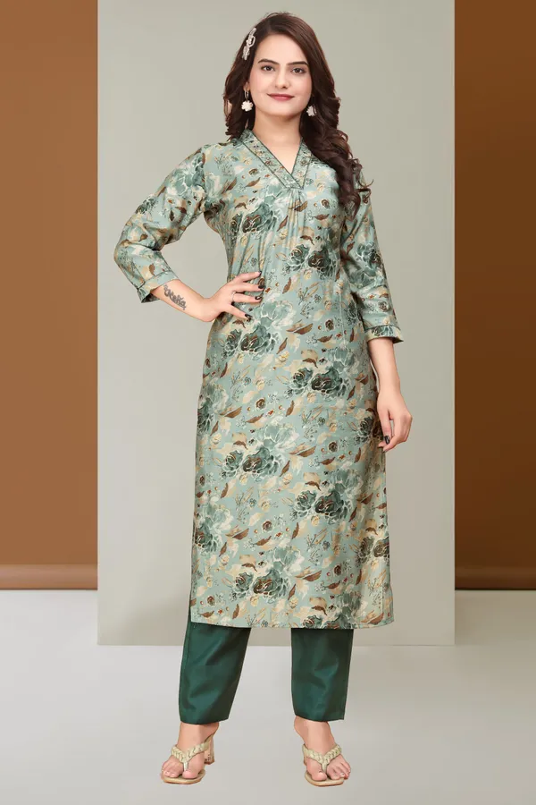 Mint_Green_Regular_Modal_Silk_3/4_Sleeve_Stitched__Kurta_Set_For_Women