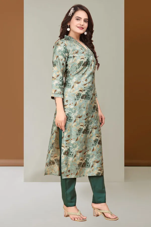 Mint_Green_Regular_Modal_Silk_3/4_Sleeve_Stitched__Kurta_Set_For_Women