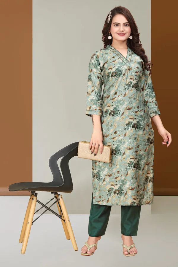 Mint_Green_Regular_Modal_Silk_3/4_Sleeve_Stitched__Kurta_Set_For_Women