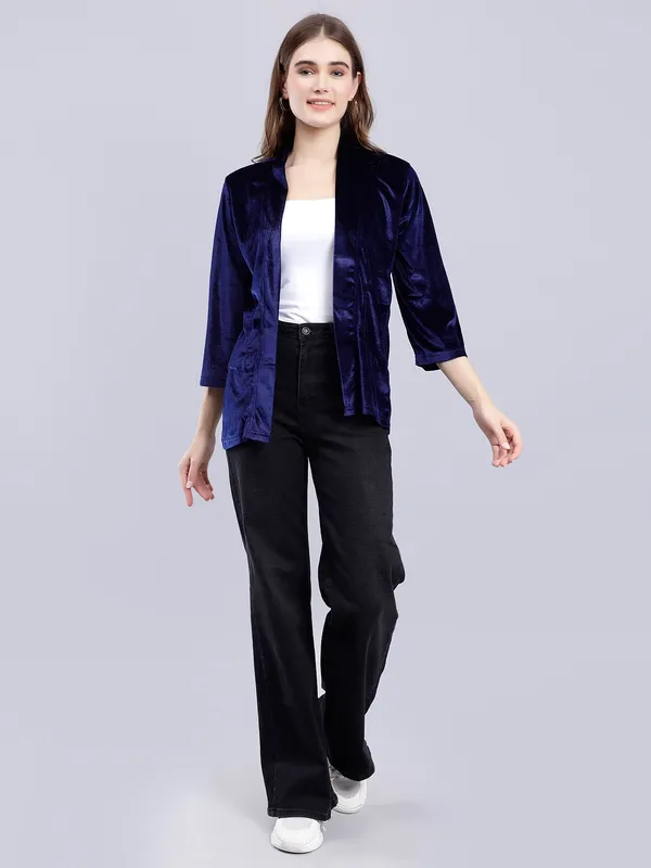 Dark_Blue_Shrug_With_Cotton_Blend_3/4th_Sleeve_For_Women.
