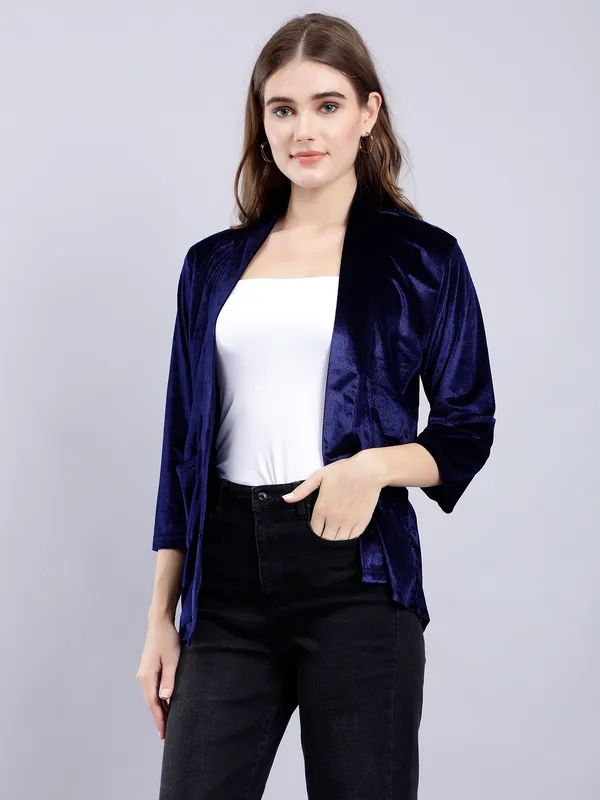 Dark_Blue_Shrug_With_Cotton_Blend_3/4th_Sleeve_For_Women.
