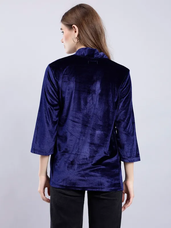 Dark_Blue_Shrug_With_Cotton_Blend_3/4th_Sleeve_For_Women.