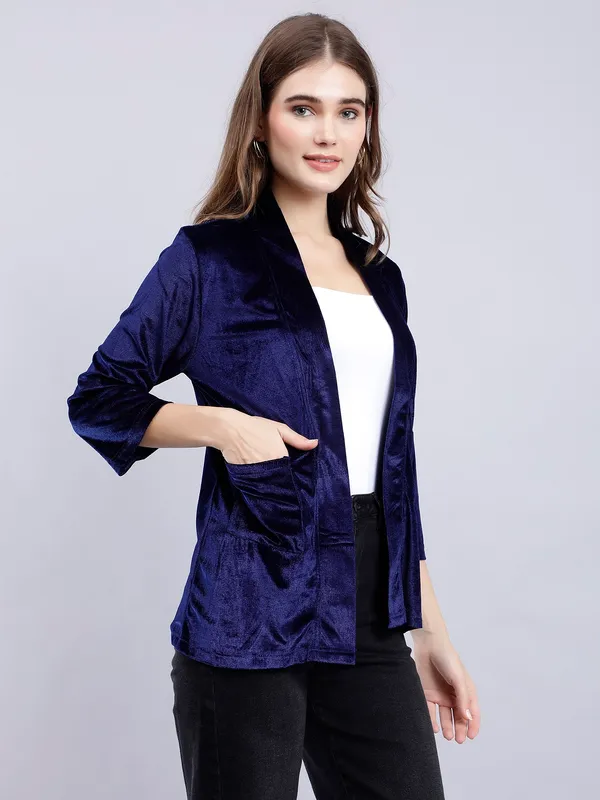 Dark_Blue_Shrug_With_Cotton_Blend_3/4th_Sleeve_For_Women.