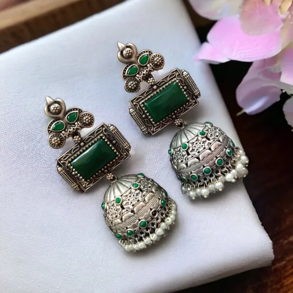 Monalisa_jumbo_oxodised_jhumka_Earrings-Green_color
