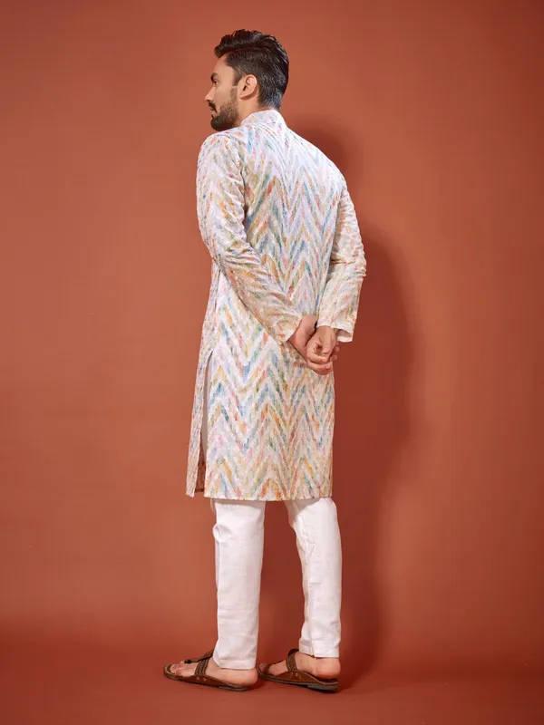 Multi_Color_Lucknowi_Chikankari_Digital_Print_Cotton_Kurta_For_Men