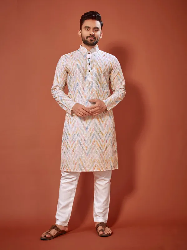 Multi_Color_Lucknowi_Chikankari_Digital_Print_Cotton_Kurta_For_Men