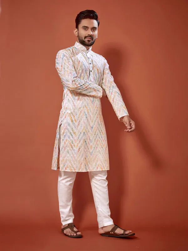 Multi_Color_Lucknowi_Chikankari_Digital_Print_Cotton_Kurta_For_Men