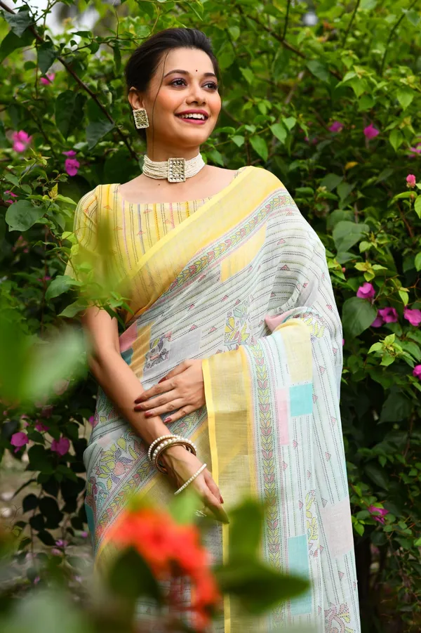 Yellow_Soft_Linen_Jamdani_Saree_With_Printed_Zari_Work