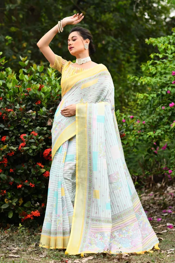Yellow_Soft_Linen_Jamdani_Saree_With_Printed_Zari_Work