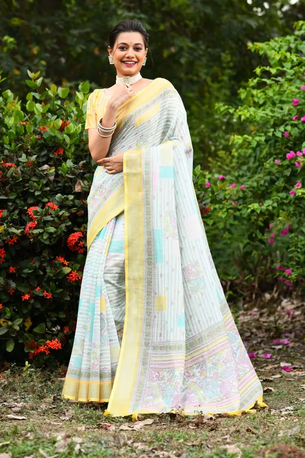 Yellow_Soft_Linen_Jamdani_Saree_With_Printed_Zari_Work