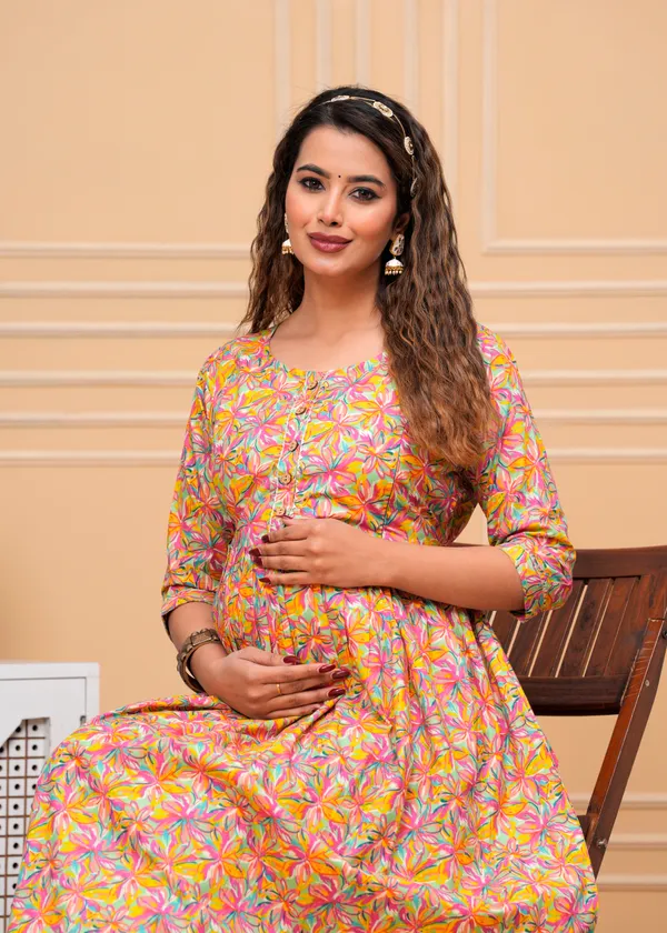 Multi_Orange_Floral__Cotton_Maternity_And_Feeding_Kurti