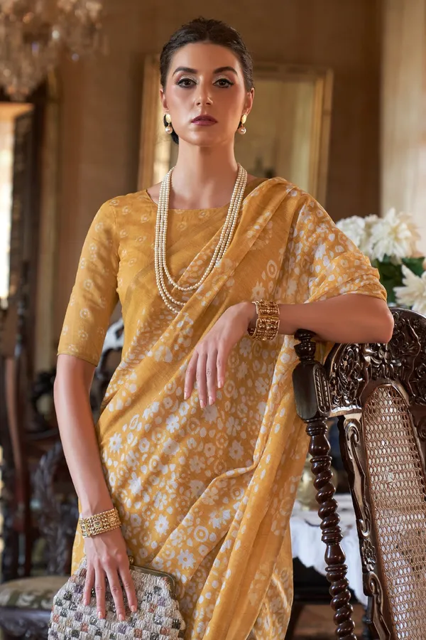 Mustard_Yellow_Soft_Mul_Cotton_Saree_With_Batik_Print_&_Zari_Woven
