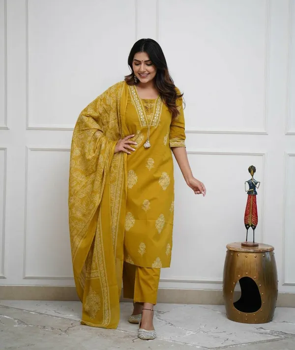 Mustard_Cotton_Silk_Kurta_Pant_And_Dupatta_Set_For_Women