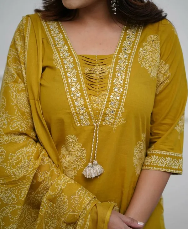 Mustard_Cotton_Silk_Kurta_Pant_And_Dupatta_Set_For_Women