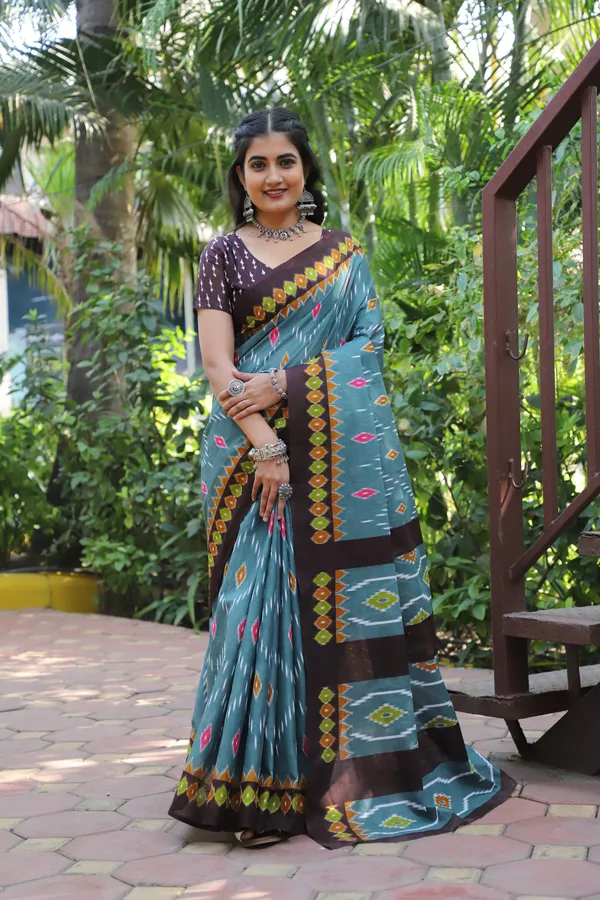 Ikkat_Hand_Block_Print_Print_Pure_Soft_Cotton_saree_With_Blouse_Piece