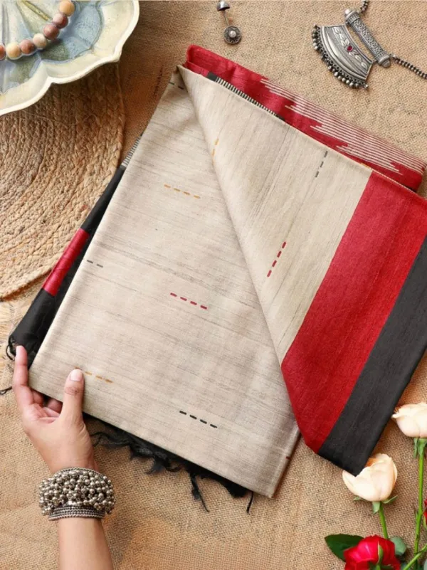 Nirja_Black_–_Lotus_Aesthetic_Edit_for_You_|_Soft_Tussar_Silk_Saree_with_Print,_Border_&_Contrast_Print_Blouse_with_Tassels