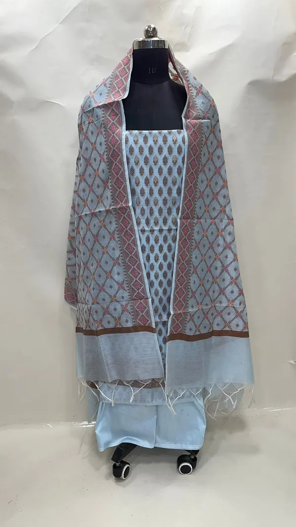 Humairah_Present_Sky_Blue_Cotton_Resham_Copper_Zari_3pcs_Suit_Set_accompanied_with_Plain_Bottom_and_Top_Copper_Zari_Booti_with_Sky_Blue_Mina_Barfi_Jaal_Dupatta
