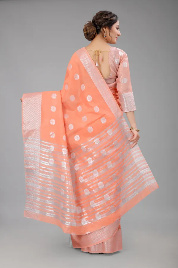 Peach_Pure_Soft_Linen_Saree_With_Silver_Zari_Butta_For_Women