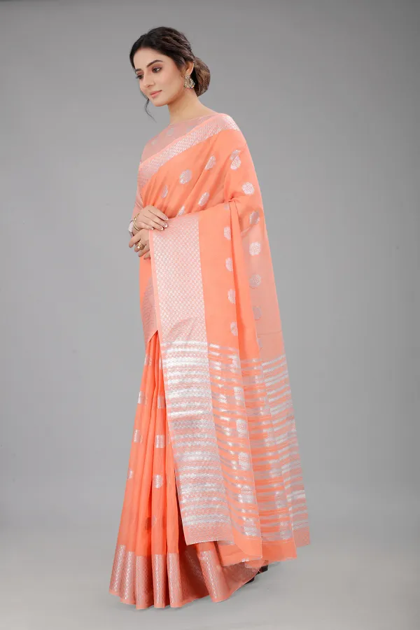 Peach_Pure_Soft_Linen_Saree_With_Silver_Zari_Butta_For_Women