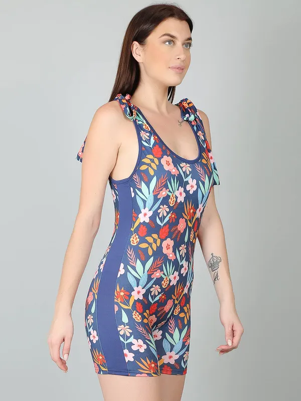 Navy_Floral_Print_Shoulder_Knotting_Legsuit_Padded_One_Piece_Swimwear_For_Women_&_Girls