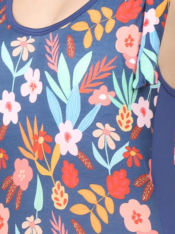 Navy_Floral_Print_Shoulder_Knotting_Legsuit_Padded_One_Piece_Swimwear_For_Women_&_Girls