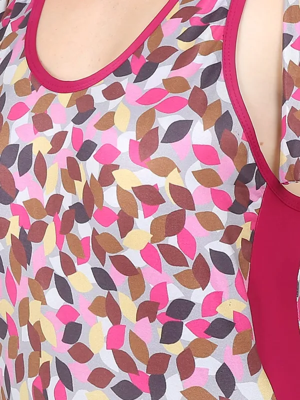 Magenta_Leaf_Print_Shoulder_Knotting_Legsuit_Padded_One_Piece_Swimwear_For_Women_&_Girls