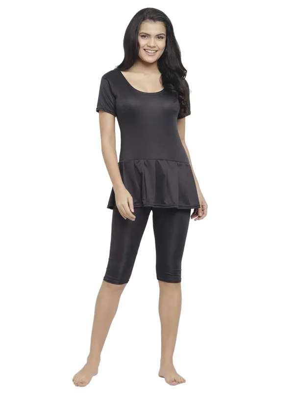 Black_Knee_Length_Frock_Style_Padded_One_Piece_Swimwear_For_Women_&_Girls