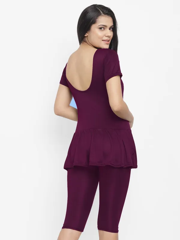 Wine_Knee_Length_Frock_Style_Padded_One_Piece_Swimwear_For_Women_&_Girls