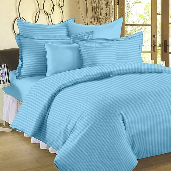 220TC_Cotton_Satin_Glace_Stripes/Lining_Flat_Bedsheet_for_Double_Bed_with_Two_Pillow_Covers_for_Home,_Hotels,_Guest_House_(King_Size)_-_90x100_Inches_-_Sky_Blue