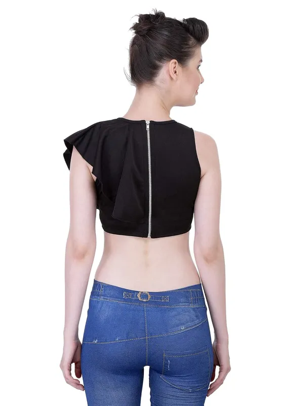 Casual_Crew_Neck_One_Shoulder_Ruffle_Back_Zipper_Sleeveless_Short_Tee_Fancy_Crop_Top_For_Women