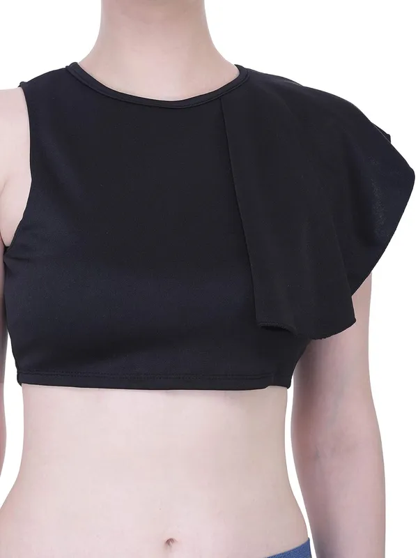 Casual_Crew_Neck_One_Shoulder_Ruffle_Back_Zipper_Sleeveless_Short_Tee_Fancy_Crop_Top_For_Women