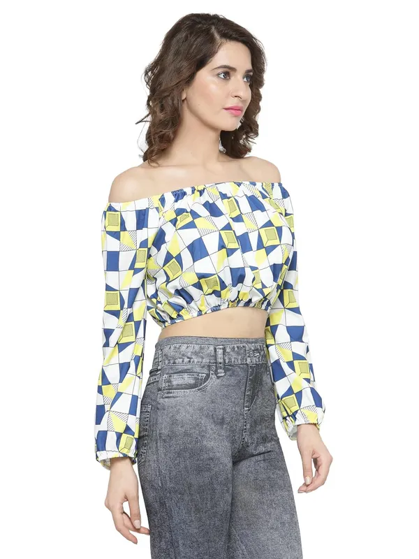 Geometric_Print_Off_Shoulder_Long_Sleeves_Short_Tee_Ruffle_Trim_Casual_Crop_Top_For_Women