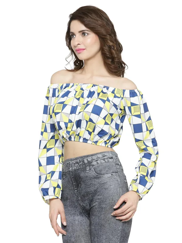 Geometric_Print_Off_Shoulder_Long_Sleeves_Short_Tee_Ruffle_Trim_Casual_Crop_Top_For_Women
